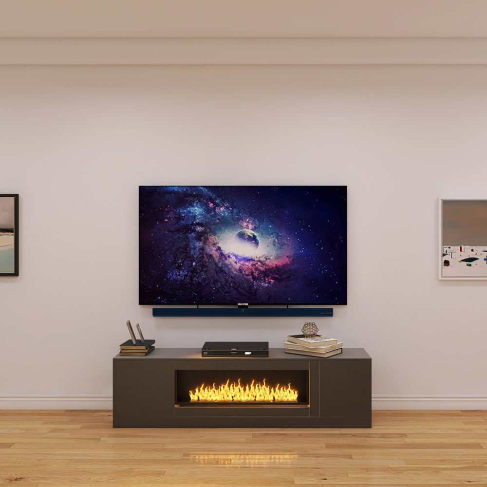 Black Wall Wood TV Cabinet with Fireplace Tv Stand Living Room Storage Cabinet Doors And Shelves in Artificial Fireplace